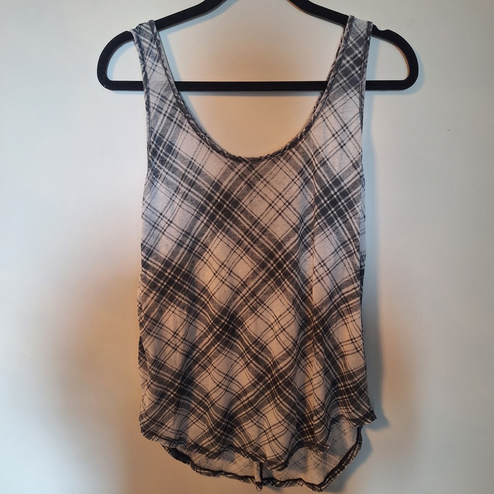 Plaid Scoop Neck Tank Top Gray White Checkered Curved Hem Size Small